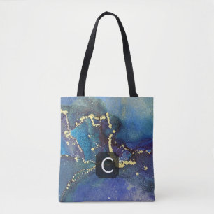 Lila Blå Teal Och Guld Flytande Konst Monogram Tygkasse