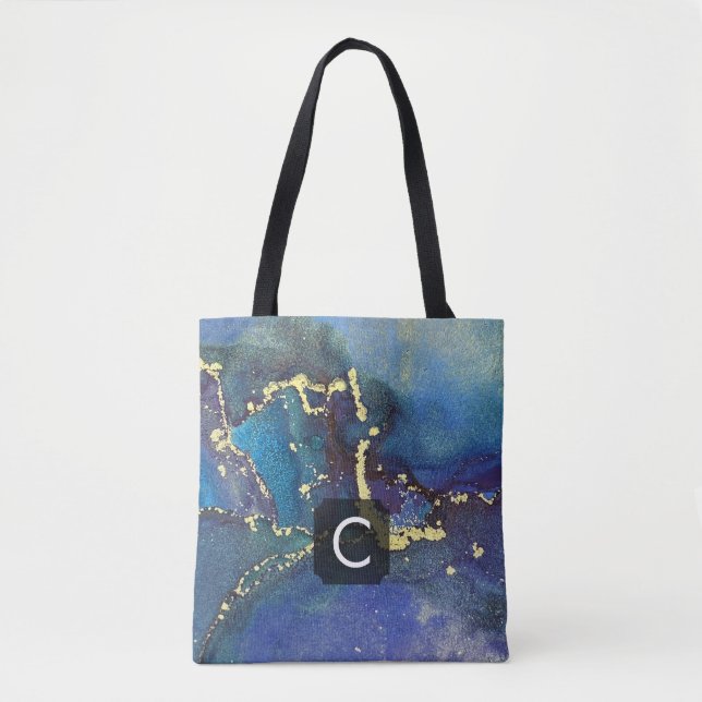 Lila Blå Teal Och Guld Flytande Konst Monogram Tygkasse (Framsida)