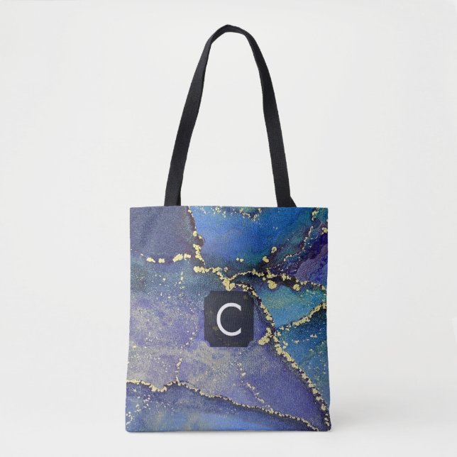 Lila Blå Teal Och Guld Flytande Konst Monogram Tygkasse (Framsida)
