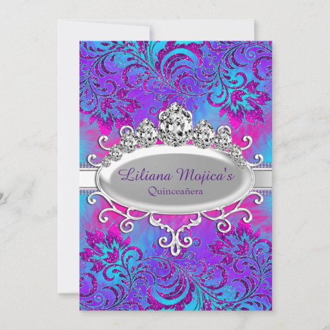 Lila Blå Tiara & Glitter Blommig Quinceanera Inbjudningar (Framsida)