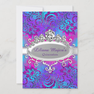 Lila Blå Tiara & Glitter Blommig Quinceanera Inbjudningar