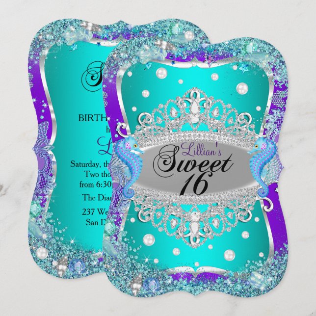 Lila Blå Under Havet Tiara Sweet 16 Inbjudan (Fram/baksida)
