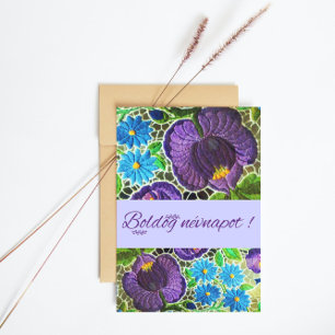 Lila - blå ungersk brodery - namn dag vykort