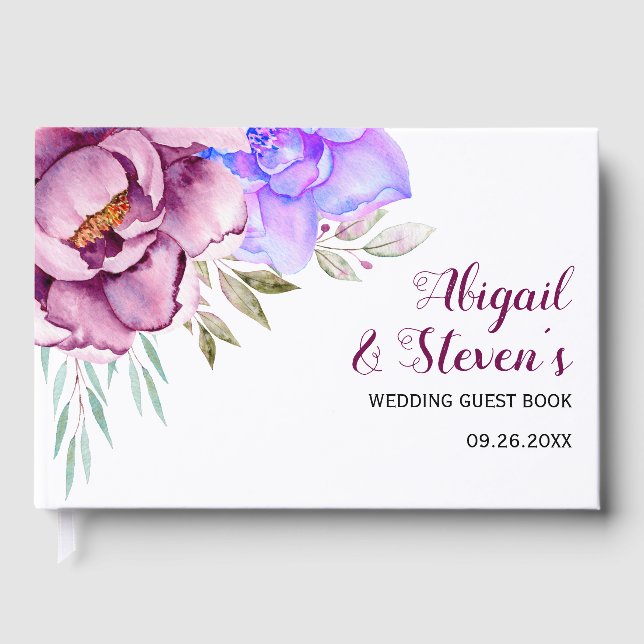 Lila, blå vattenfärgblommor blommigt bröllop gästböcker (Framsida)