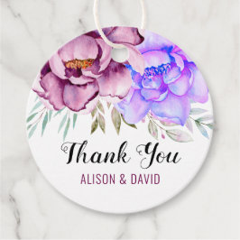 Lila, blå vattenfärgblommor blommigt bröllop gåvor etiketter