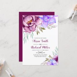 Lila, blå vattenfärgblommor blommigt bröllop inbjudningar