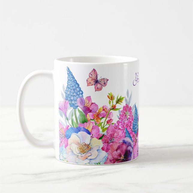 Lila blåa blommor bloom vår eget namn kaffemugg (Vänster)
