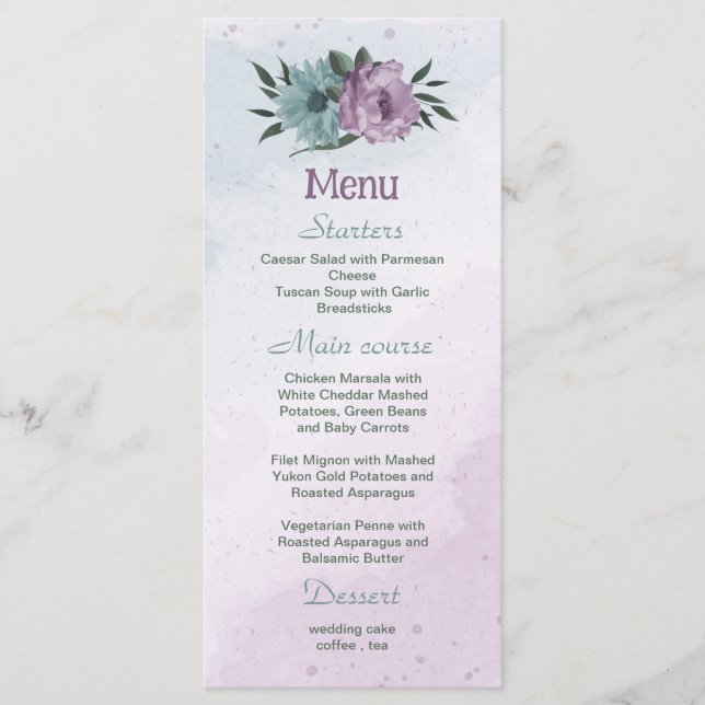 lila blåa blommor botaniska bröllop meny (Framsida)