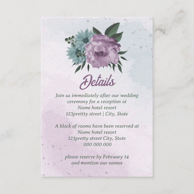 lila blåa blommor botaniska bröllop tilläggskort (Framsida)