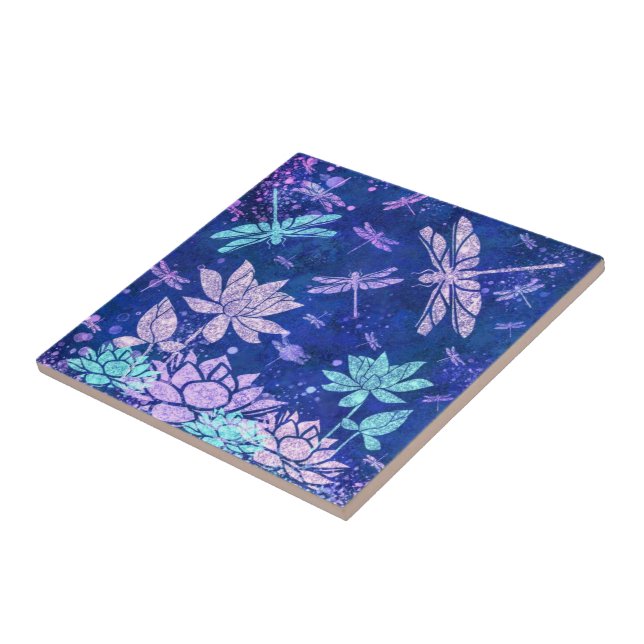 Lila Blåa blommor Dragonflies Ceramic Tile Kakelplatta (Sidan)