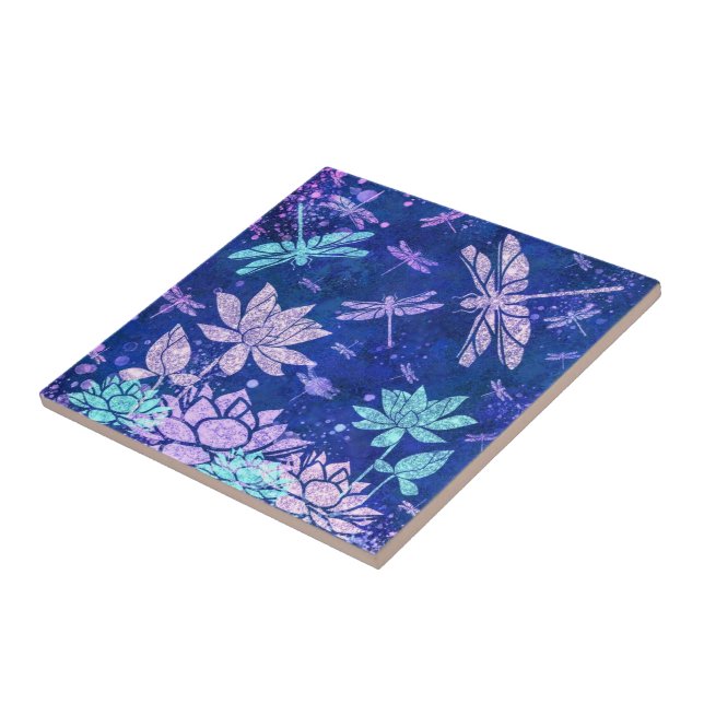 Lila Blåa blommor Dragonflies Ceramic Tile Kakelplatta (Sidan)