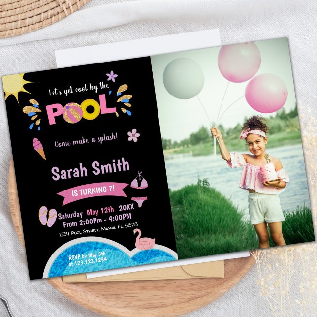 Lila Black Bassäng-födelsedagsinbjudningar med fot Inbjudningar (Purple Black Pool Birthday Invitations with photo)