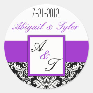 Lila Black Bröllop Monogram Damask Sticker Runt Klistermärke