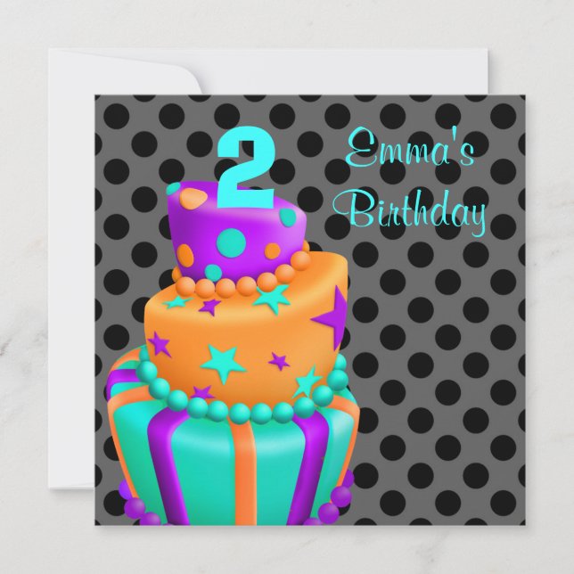 Lila Black Cake Presenter Girls 2:a födelsedag Inbjudningar (Framsida)