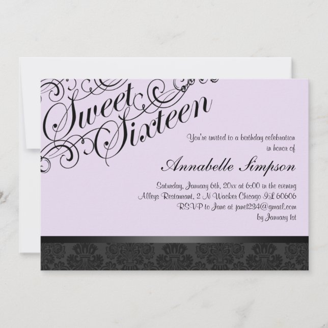 Lila & Black Chic Damask Sweet16 Inbjudan (Framsida)