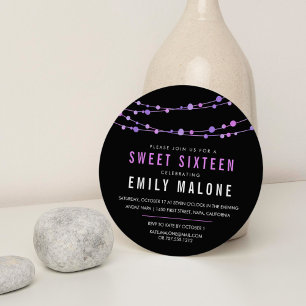 Lila & Black Confetti Garland Sweet sixteen Inbjudningar