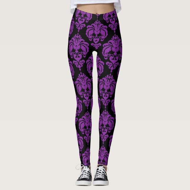 Lila Black Damask Chic Modern Elegant Mönster Leggings (Framsida)