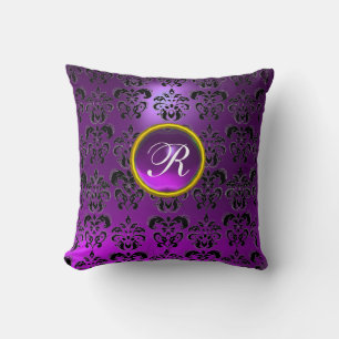 LILA BLACK DAMASK GEMSTONE MONOGRAM KUDDE