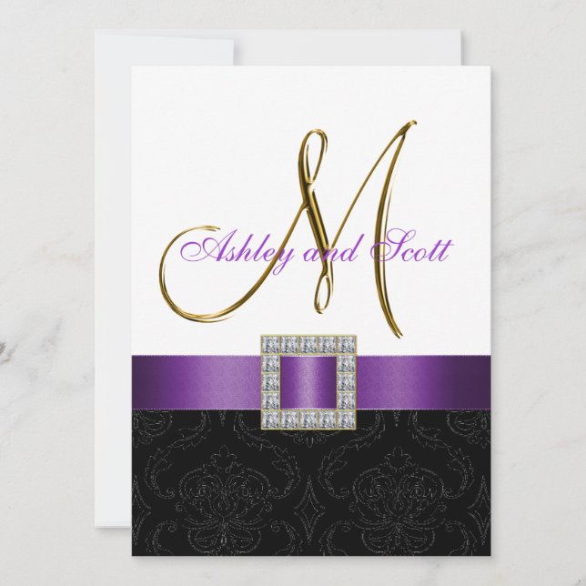 Lila Black Damask Initial bröllopsinbjudan Inbjudningar (Framsida)