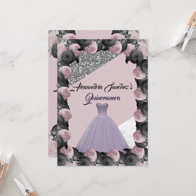 Lila & Black Glitter Blommigt Quinceanera Inbjudningar (Fram/Back In Situ)