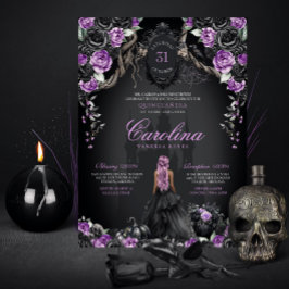 Lila Black Gothic Princess Halloween Quinceanera Inbjudningar