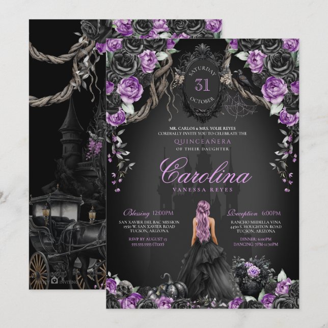 Lila Black Gothic Princess Halloween Quinceañera Inbjudningar (Fram/baksida)