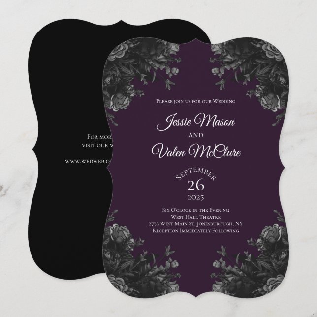 Lila Black Grått Ro Gothic Elegant bröllop Inbjudningar (Fram/baksida)
