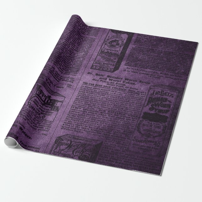 Lila & Black Grunge Distress Vintage Newspaper Presentpapper (Utrullad)