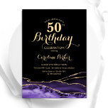 Lila Black Guld Agate 50:e födelsedagen Inbjudningar<br><div class="desc">Lila,  svart och guld agerade 50:e födelsedagsfest inbjudan. Elegantens moderna design med vattenfärgad bakgrund,  faux glitter guld och typsnitt för färgskript. Trendig inbjudan-kortets perfekt för en snyggt kvinnor i firande. Skrivna Zazzle-inbjudningar eller digital utskrivbar mall för omedelbar nedladdning.</div>