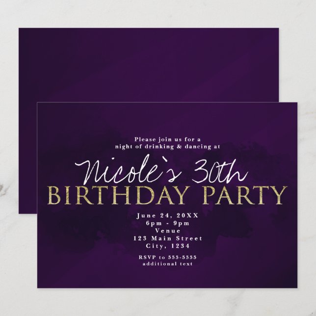 Lila Black & Guld Glam Modern Party-inbjudningar Inbjudningar (Fram/baksida)