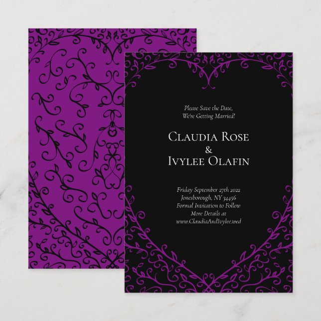 Lila & Black Heart Gothic Bröllop spara datum Inbjudningar (Fram/baksida)