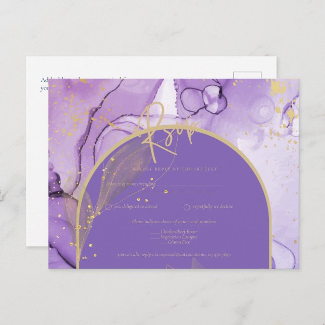 Lila Bläck Lavender och Guld Lila Bröllop OSA Vykort (Fram/baksida)