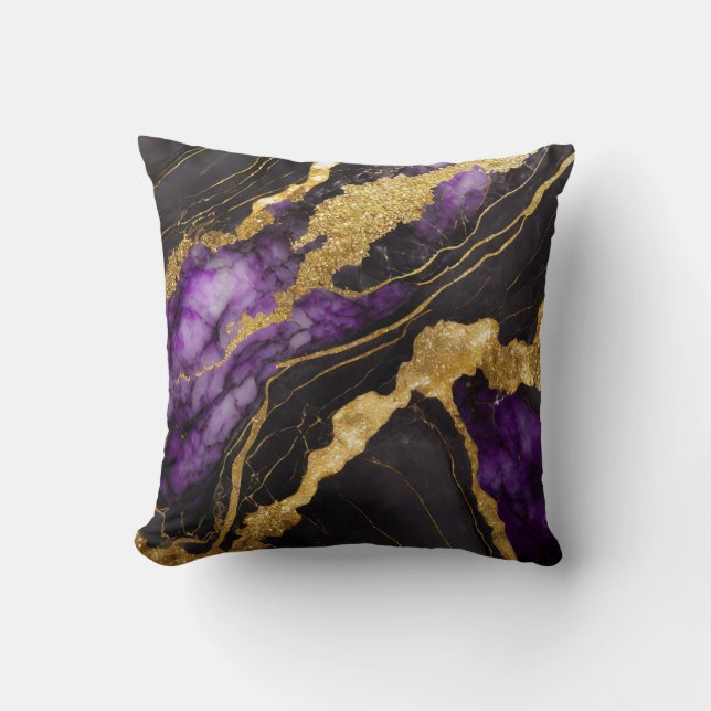 Lila Black Marble Mönster med Guld Kudde (Framsida)