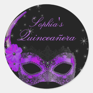 Lila & Black Masquerade Quinceanera Sticker Runt Klistermärke