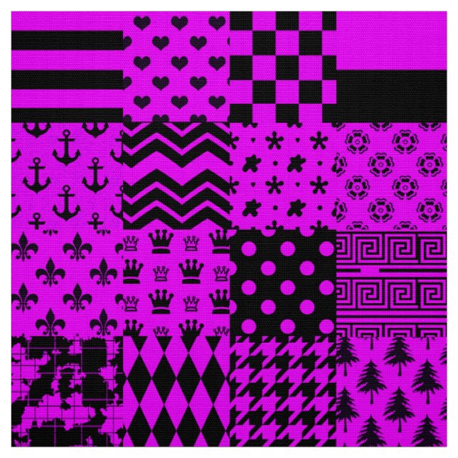 Lila Black Mixed Mönster Patchwork Design Tyg (Provkarta)