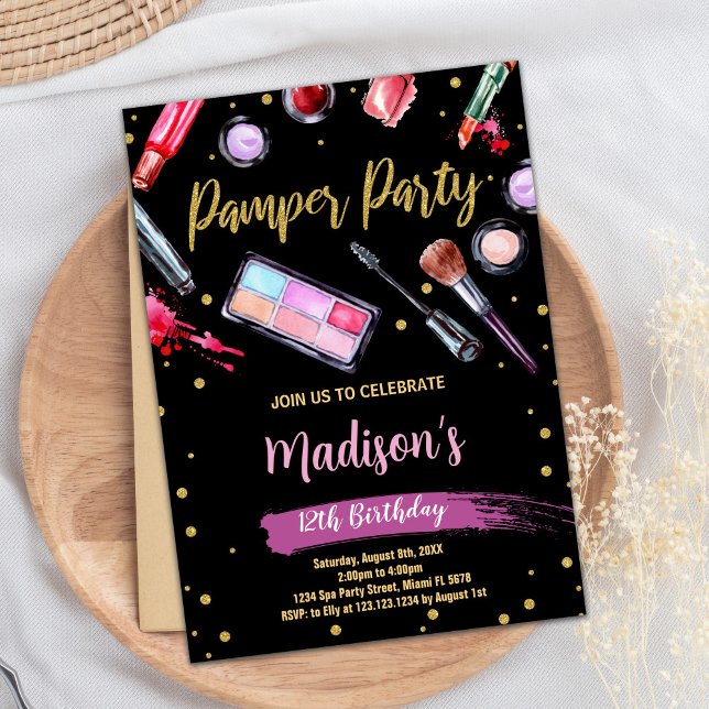 Lila Black Pamper Party Birthday-inbjudan Inbjudningar (Purple Black Pamper Party Birthday Invitations)