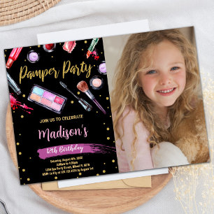 Lila Black Photo Pamper Party Birthday Inbjudningar