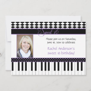 Lila Black Piano Theme Sweet 16 Birthday Inbjudningar