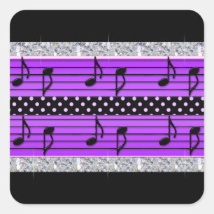 Lila & Black Polka Dot Diamonds & Musik noter Fyrkantigt Klistermärke