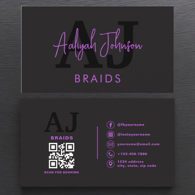Lila Black QR-kod Braids Hair Stylist Visitkort (Skapare uppladdad)