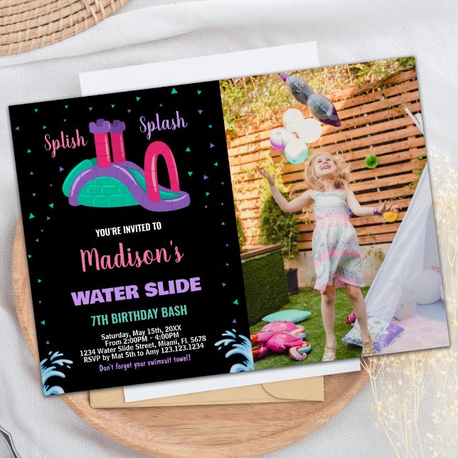 Lila Black Rosa Photo Vatten Slide Birthday Inbjudningar (Purple Black Pink Photo Water Slide Birthday Invitation)