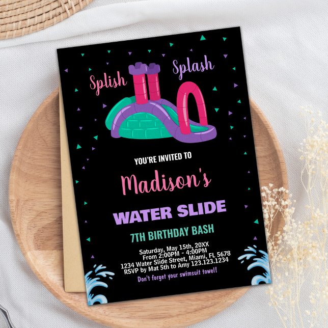 Lila Black Rosa Vatten Slide Birthday-inbjudningar Inbjudningar (Purple Black Pink Water Slide Birthday Invitations)