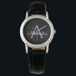 Lila Black Script Girly Monogram Namn Armbandsur<br><div class="desc">Svart och Lila Simple Script Monogram Namn Watch. Det gör perfekt studenten,  födelsedag,  bröllop,  möhippa,  årsdag,  babydusch eller bachelorette-fest till någon som glam lyx och chic stilar.</div>