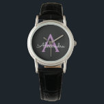 Lila Black Script Girly Monogram Namn Armbandsur<br><div class="desc">Svart och Lila Simple Script Monogram Namn Watch. Det gör perfekt studenten,  födelsedag,  bröllop,  möhippa,  årsdag,  babydusch eller bachelorette-fest till någon som glam lyx och chic stilar.</div>
