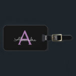 Lila Black Script Girly Monogram Namn Bagagebricka<br><div class="desc">Svart och Lila Monogram Lägg till din egen Märkre för Namn-skript. Med påsens märkre blir perfekten söt 16 födelsedag,  bröllop,  möhippa,  babydusch eller bachelorette-festgåva till någon som dekorerar hennes rum i stil.</div>