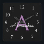 Lila Black Script Girly Monogram Namn Fyrkantig Klocka<br><div class="desc">Lila och Black Script Monogram Namn Clock. Det gör perfekten söt 16-årsjubileum,  bröllop,  möhippa,  årsdag,  babydusch eller bachelorette-fest för någon som glam lyxen och chic stilar i kärlek.</div>