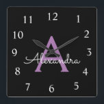 Lila Black Script Girly Monogram Namn Fyrkantig Klocka<br><div class="desc">Lila och Black Script Monogram Namn Clock. Det gör perfekten söt 16-årsjubileum,  bröllop,  möhippa,  årsdag,  babydusch eller bachelorette-fest för någon som glam lyxen och chic stilar i kärlek.</div>