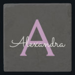 Lila Black Script Girly Monogram Namn Stenunderlägg<br><div class="desc">Svart och Lila Enkelt skript Monogram Namn Stone Tile. Det gör perfekt studenten,  söt 16-årsdag,  bröllop,  möhippa,  årsdag,  babydusch eller bachelorette-fest till någon som kärlek glam lyx och chic stilar.</div>