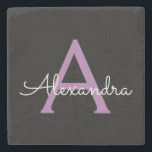 Lila Black Script Girly Monogram Namn Stenunderlägg<br><div class="desc">Svart och Lila Enkelt skript Monogram Namn Stone Tile. Det gör perfekt studenten,  söt 16-årsdag,  bröllop,  möhippa,  årsdag,  babydusch eller bachelorette-fest till någon som kärlek glam lyx och chic stilar.</div>