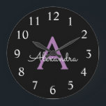Lila Black Script Girly Monogram Namn Stor Klocka<br><div class="desc">Lila och Svart Enkelt skript Monogram Namn Clock. Det gör perfekten söt 16-årsjubileum,  bröllop,  möhippa,  årsdag,  babydusch eller bachelorette-fest för någon som glam lyxen och chic stilar i kärlek.</div>